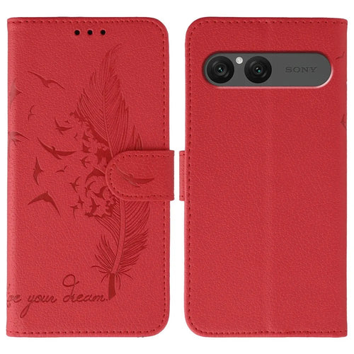 For Sony Xperia 10 VII Case Feather Imprint PU Leather Wallet Phone Cover - Red - 1