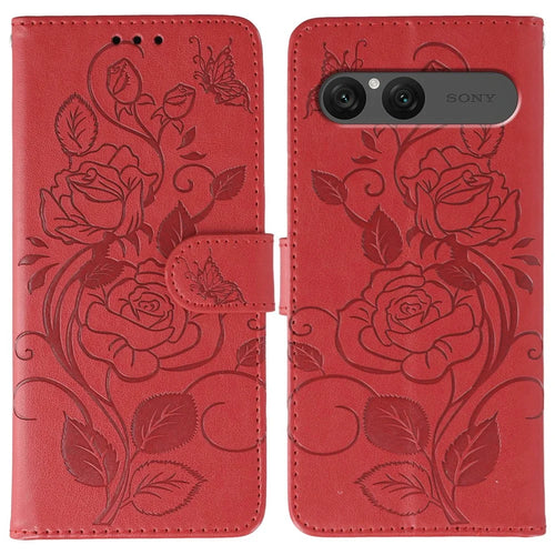 For Sony Xperia 10 VII Case Wallet Stand Imprinted Rose Butterfly PU Leather Phone Cover - Red - 1