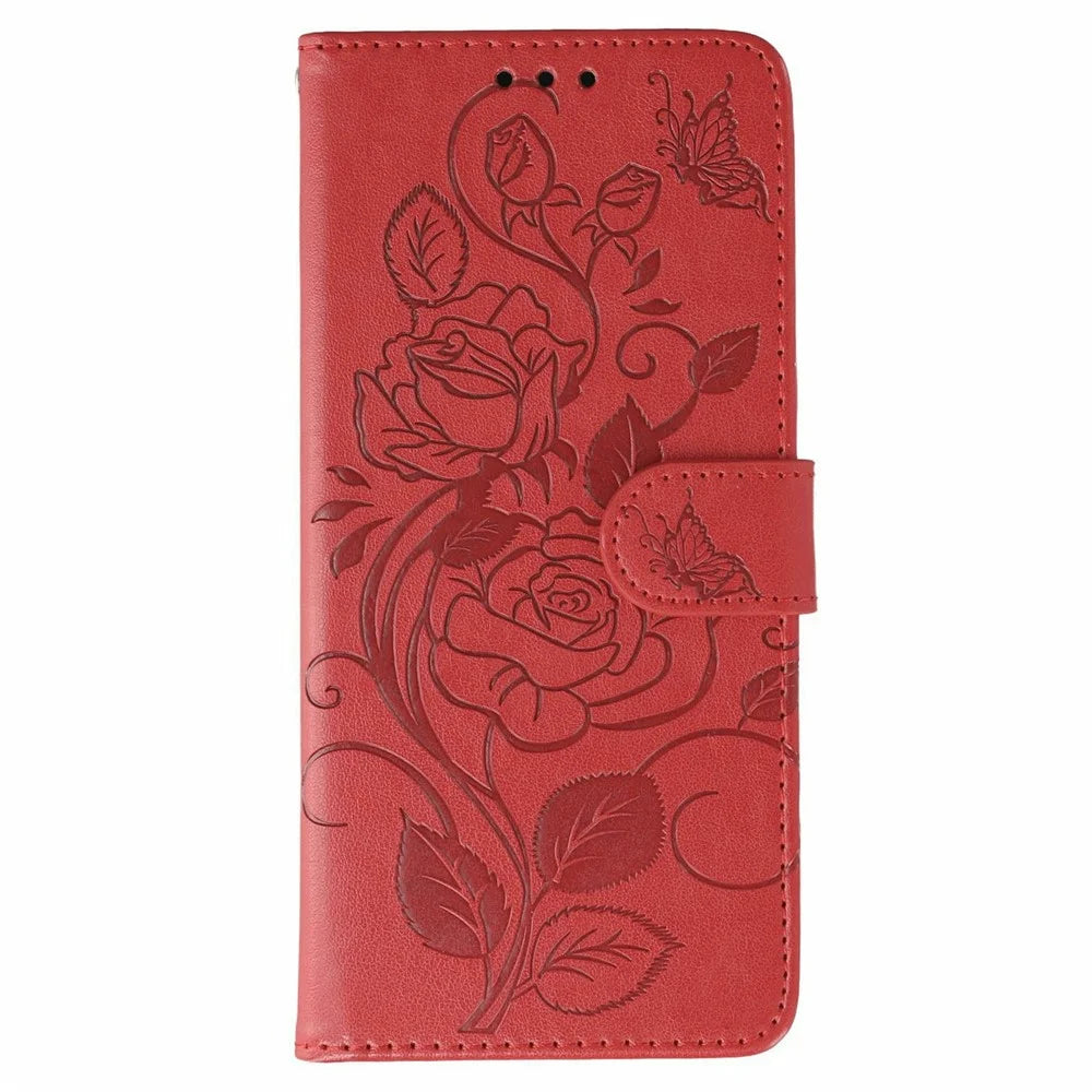 For Sony Xperia 10 VII Case Wallet Stand Imprinted Rose Butterfly PU Leather Phone Cover - Red - 4