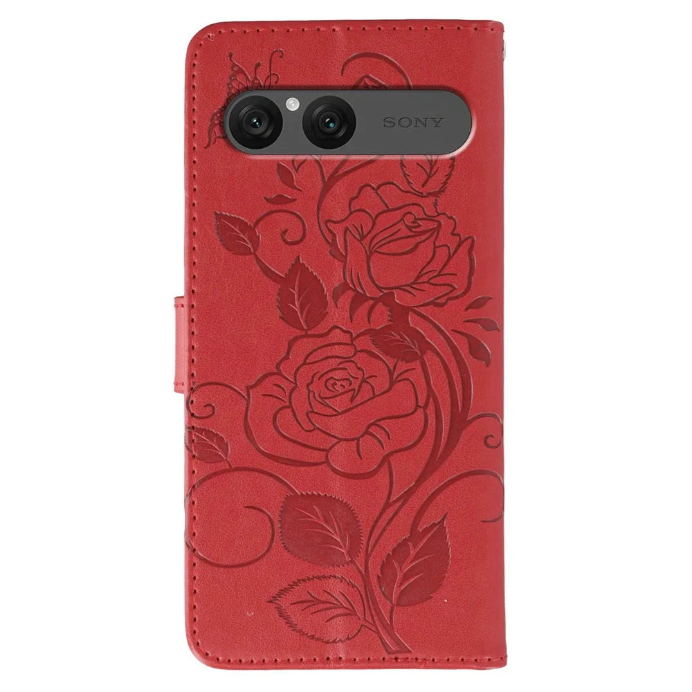 For Sony Xperia 10 VII Case Wallet Stand Imprinted Rose Butterfly PU Leather Phone Cover - Red - 5