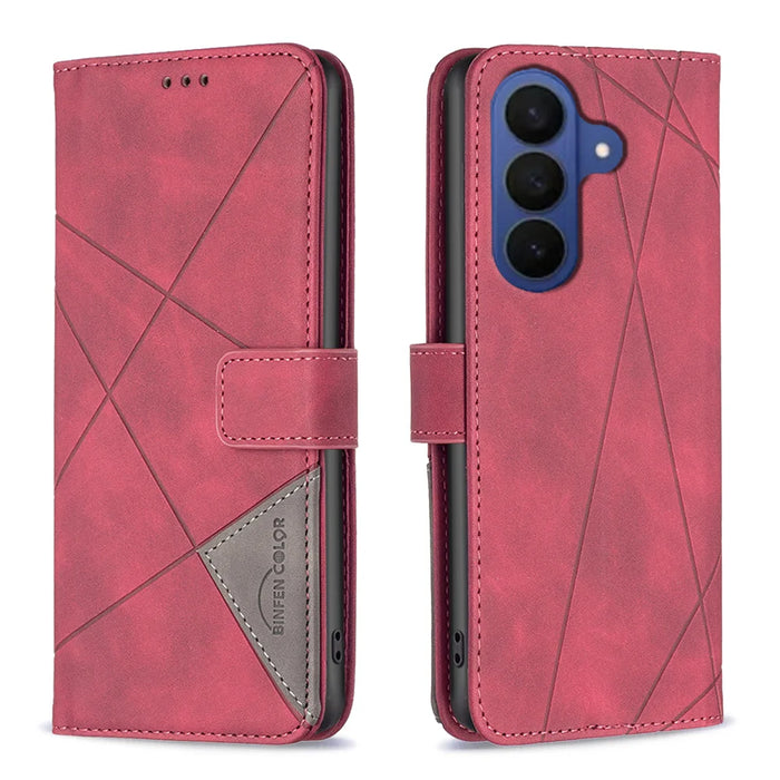 BINFEN COLOR For Samsung Galaxy A57 5G Phone Case  Wallet Stand Geometry Imprinted Leather Cover - Red - 1