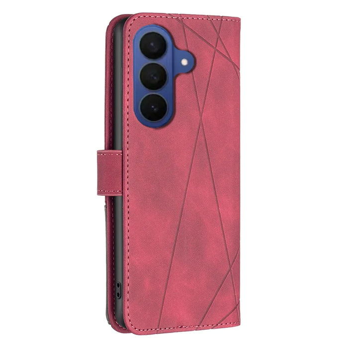 BINFEN COLOR For Samsung Galaxy A57 5G Phone Case  Wallet Stand Geometry Imprinted Leather Cover - Red - 3