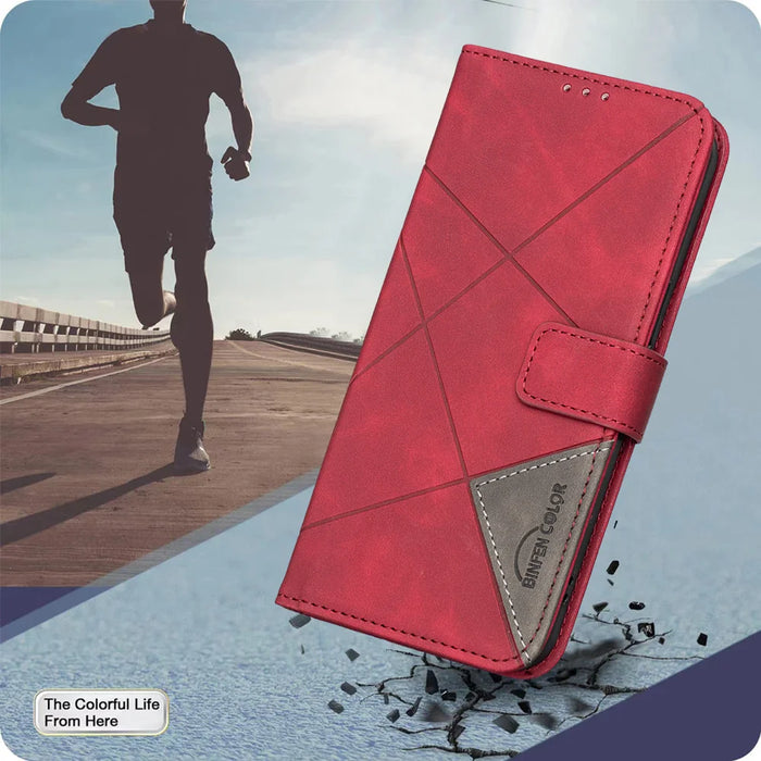 BINFEN COLOR For Samsung Galaxy A57 5G Phone Case  Wallet Stand Geometry Imprinted Leather Cover - Red - 5