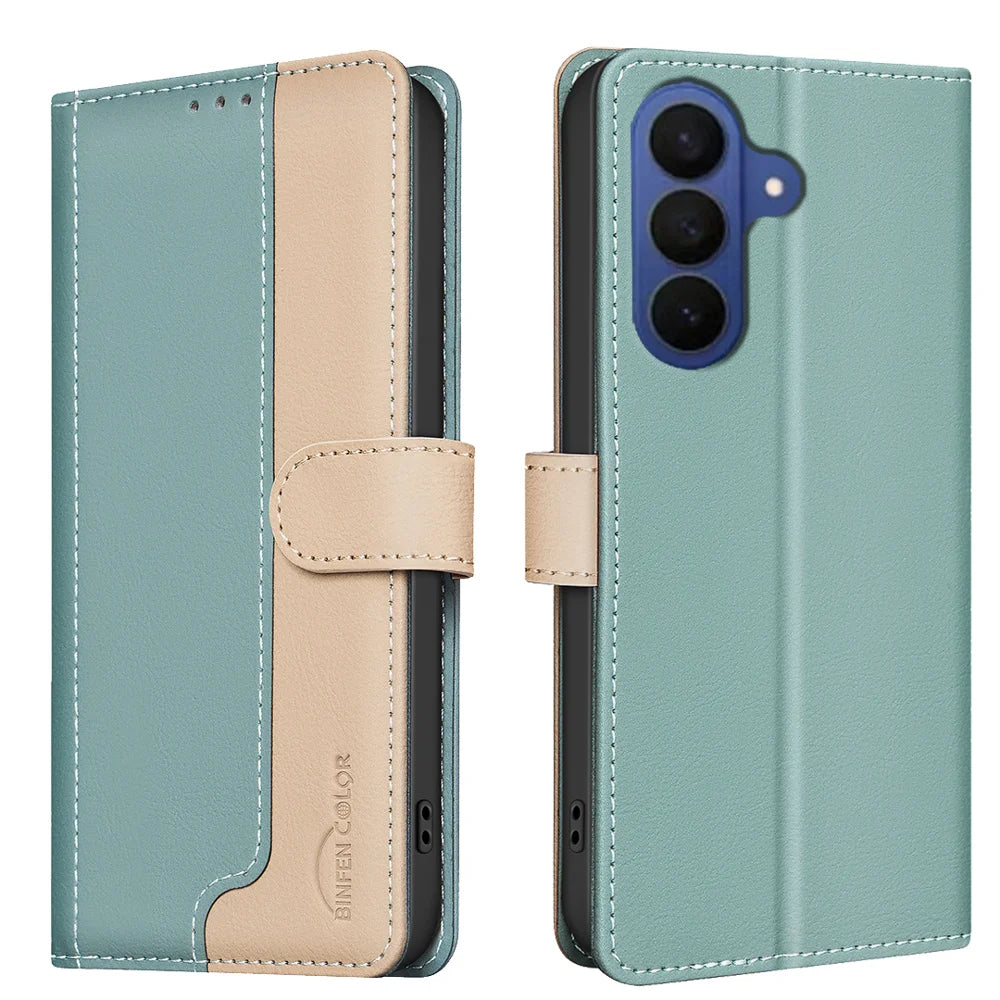 BINFEN COLOR For Samsung Galaxy A27 5G Leather Case  Splicing Color RFID Blocking Wallet Stand Phone Cover - Green - 1