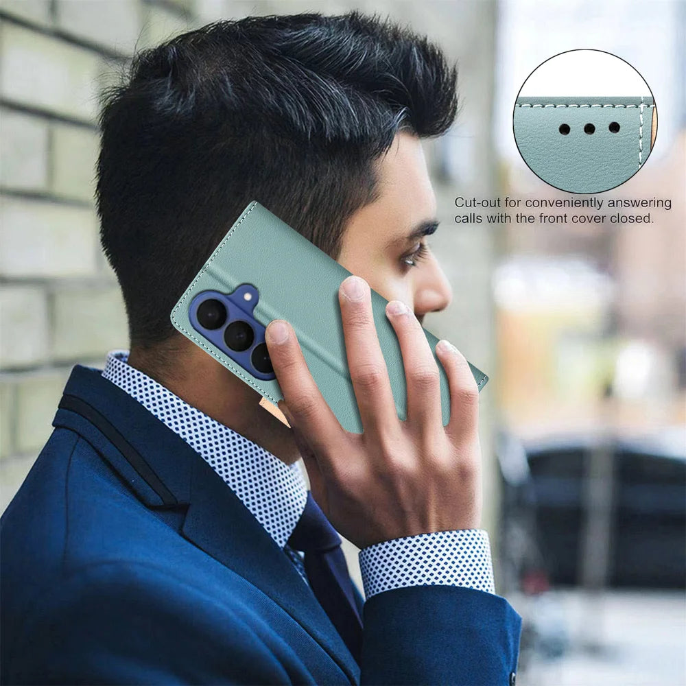 BINFEN COLOR For Samsung Galaxy A37 5G Leather Case  Splicing Color RFID Blocking Wallet Stand Phone Cover - Green - 4