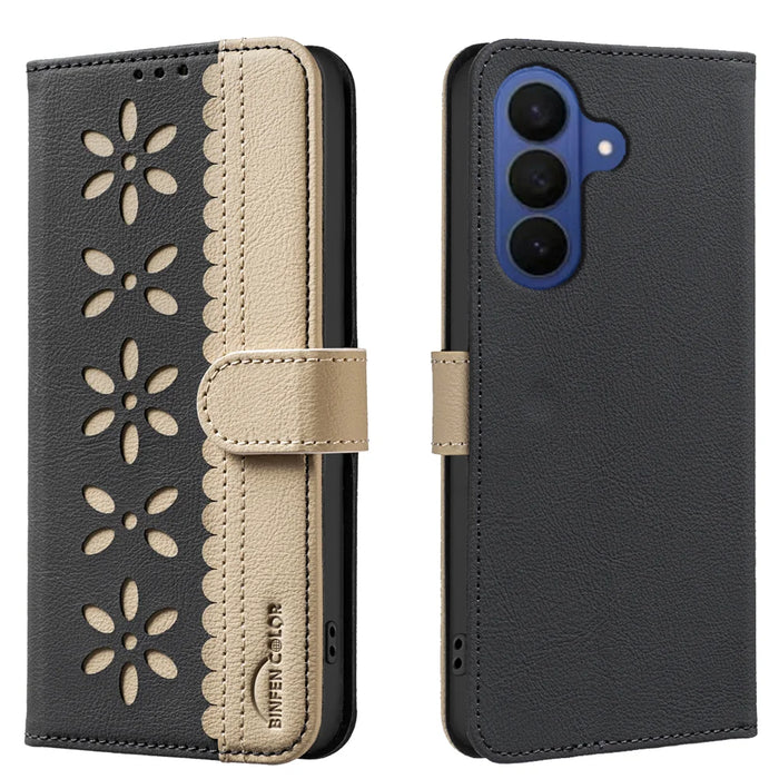 BINFEN COLOR For Samsung Galaxy S26+ Leather Case  BF36 Floral Pattern Phone Cover RFID Blocking Wallet Stand - Black - 1