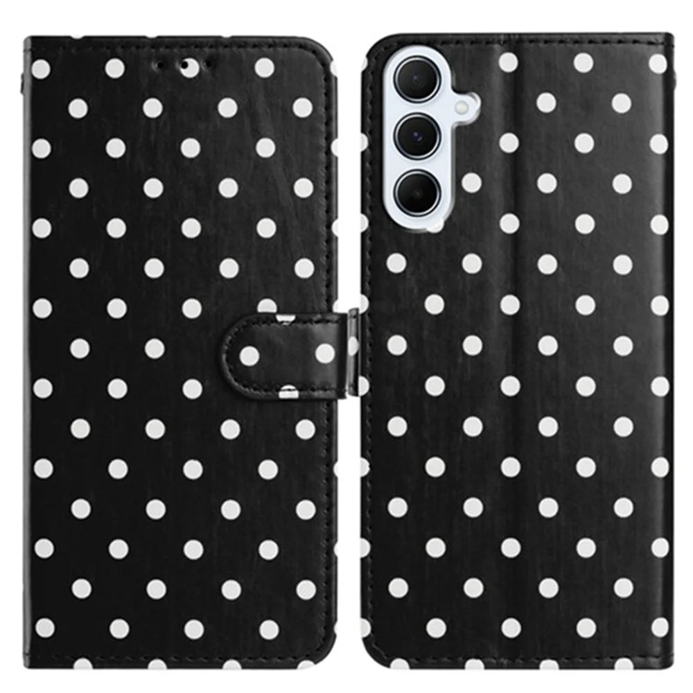 For Samsung Galaxy A37 5G Leather Case Polka Dot Pattern Wallet Stand Folio Phone Cover - Black - 1