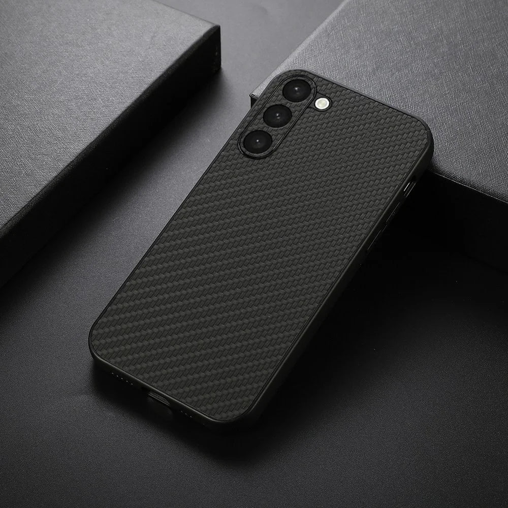 For Samsung Galaxy S23+ Anti-fingerprint Carbon Fiber Texture Phone Case PU Leather Coated TPU Back Cover - Black - 3