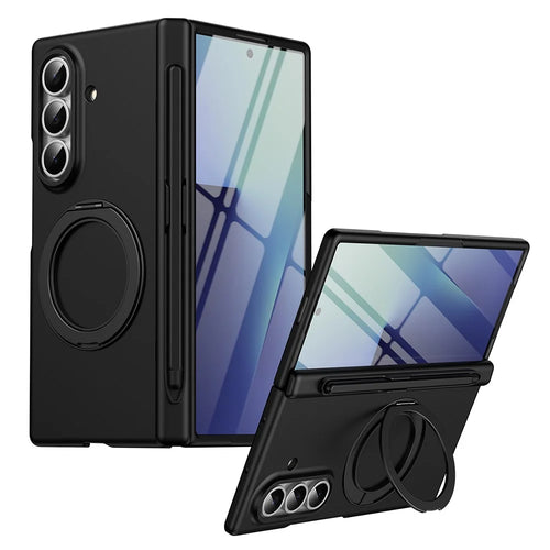 For Samsung Galaxy Z Fold7 5G Rotary Kickstand PC Phone Cover with Tempered Glass Film / Stylus - Black - 1