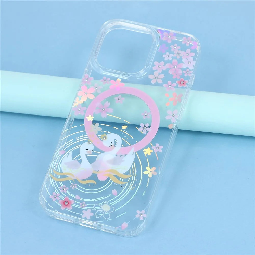 For iPhone 16 Pro Max Case Compatible with MagSafe Embedded Rhinestones IMD Pattern TPU PC Phone Back Cover - Swan - 6