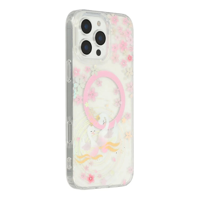 For iPhone 16 Pro Case Compatible with MagSafe Embedded Rhinestones IMD Pattern TPU PC Phone Back Cover - Swan - 1