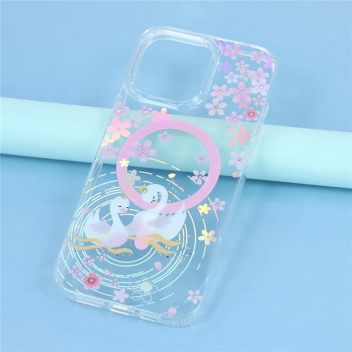 For iPhone 16 Pro Case Compatible with MagSafe Embedded Rhinestones IMD Pattern TPU PC Phone Back Cover - Swan - 6