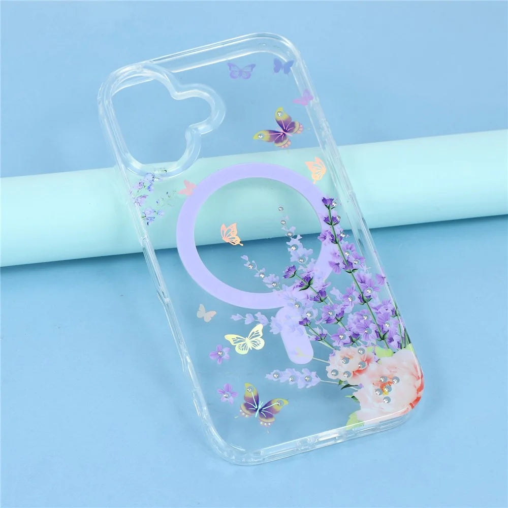 For iPhone 17 Case Compatible with MagSafe Embedded Rhinestones IMD Pattern TPU PC Phone Back Cover - Butterfly - 6