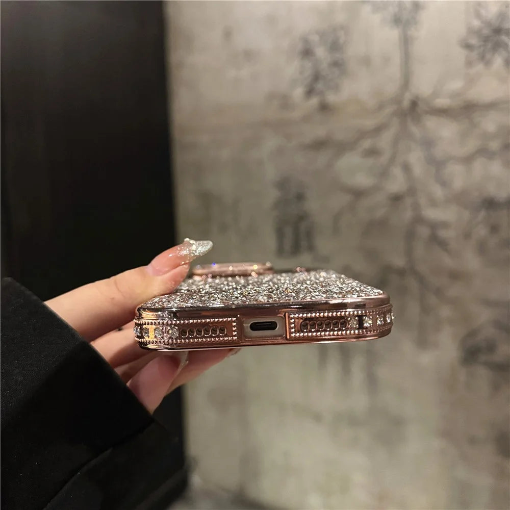 For iPhone 17 Pro Case Full Rhinestones Design Hidden Lens Kickstand TPU PC Phone Cover - Silver - 6