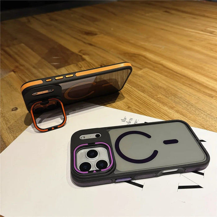 For iPhone 17 Pro Case Compatible with MagSafe Lens Kickstand Skin Touch PC TPU Phone Cover - Orange - 4