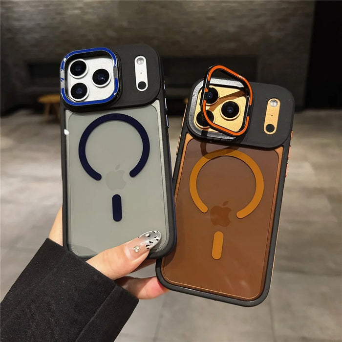 For iPhone 17 Pro Case Compatible with MagSafe Lens Kickstand Skin Touch PC TPU Phone Cover - Orange - 5