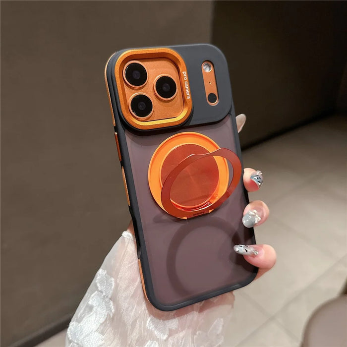 For iPhone 17 Pro Case Compatible with MagSafe Rotating Kickstand Skin Touch PC TPU Phone Cover - Orange - 2