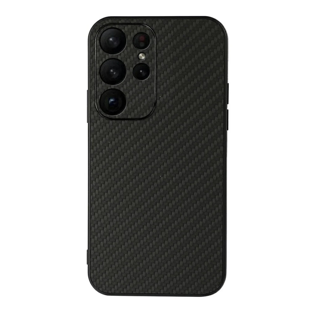 Carbon Fiber Texture Phone Case for Samsung Galaxy S23 Ultra, Anti-scratch PU Leather+TPU Back Cover - Black - 1