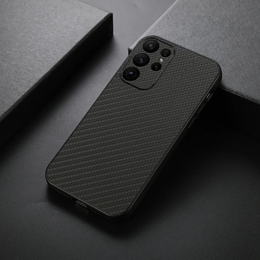 Carbon Fiber Texture Phone Case for Samsung Galaxy S23 Ultra, Anti-scratch PU Leather+TPU Back Cover - Black - 3