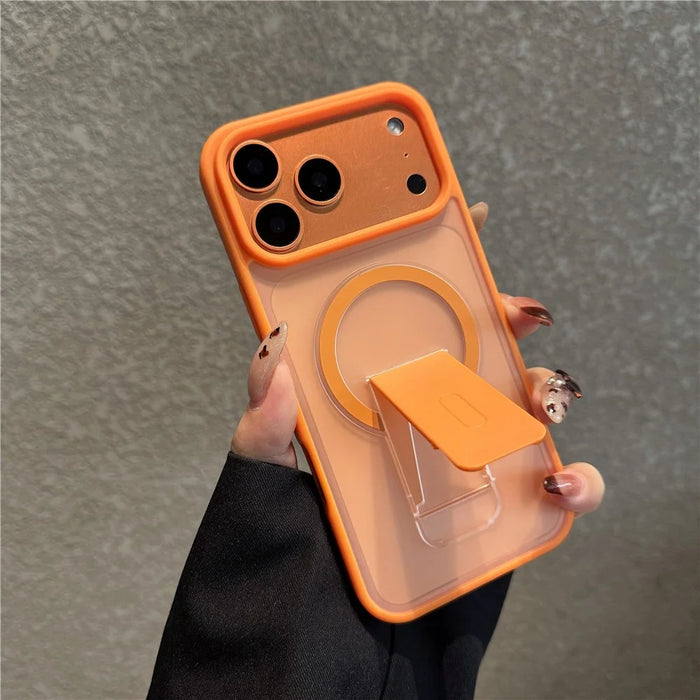For iPhone 17 Pro Case Compatible with MagSafe Foldable Kickstand Skin Touch PC TPU Phone Cover - Orange - 2