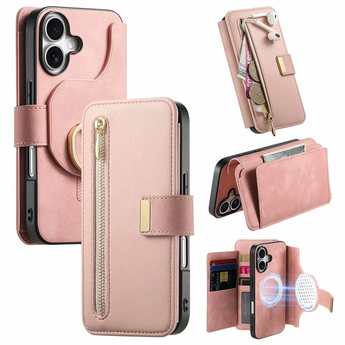 For iPhone 17 Magnetic Leather Case with Detachable RFID Blocking Zipper Wallet Cover - Pink - 1