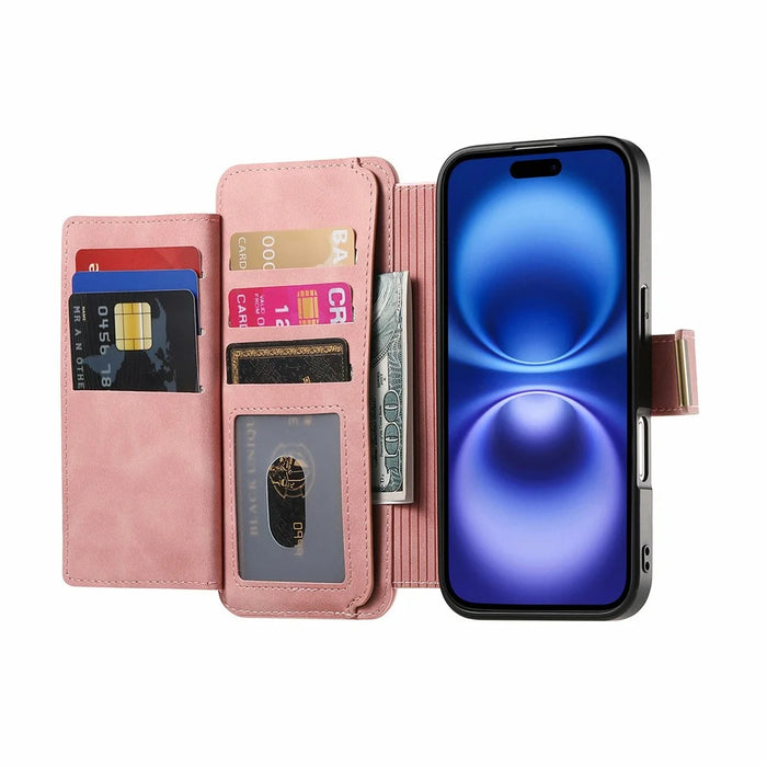 For iPhone 17 Magnetic Leather Case with Detachable RFID Blocking Zipper Wallet Cover - Pink - 2