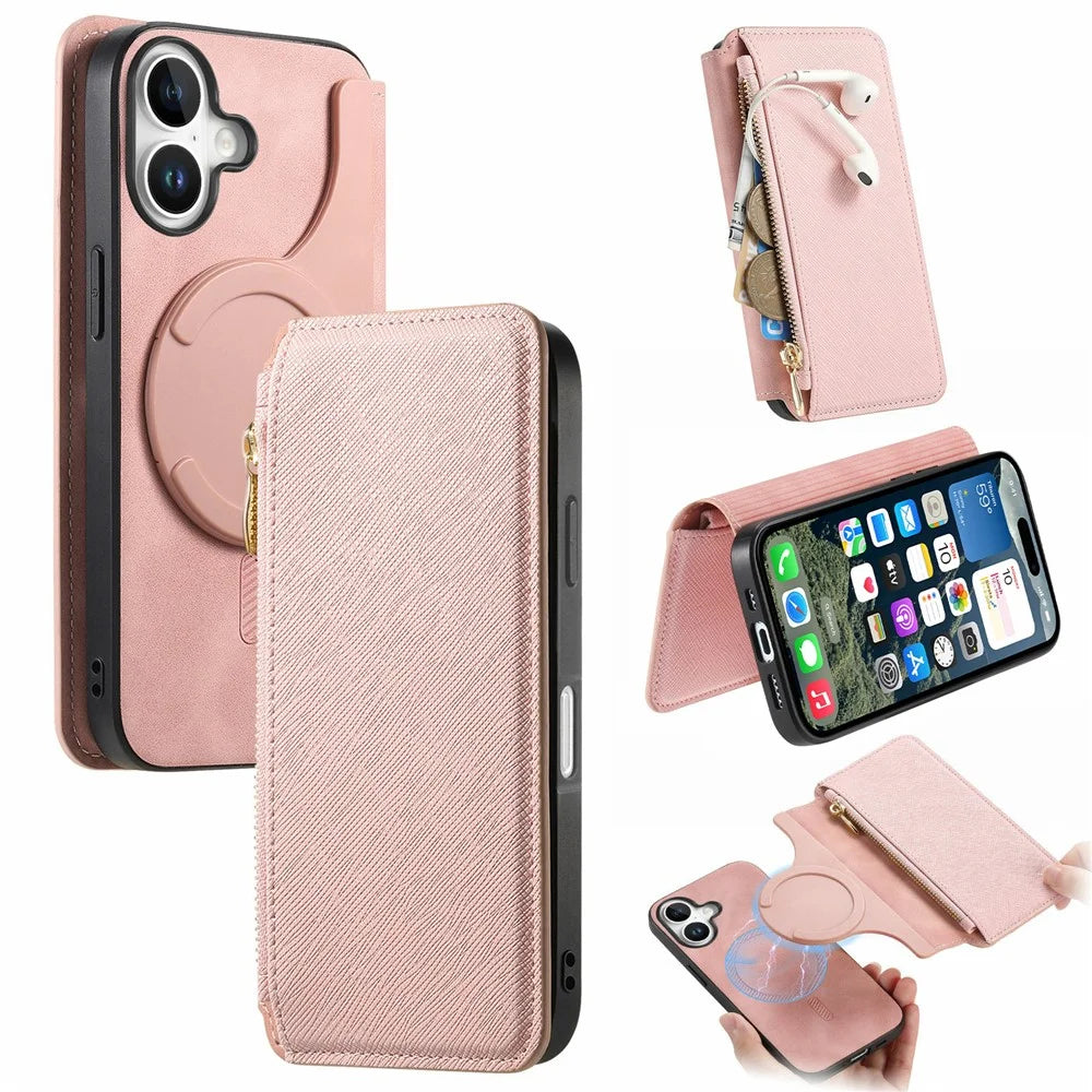 For iPhone 17 Leather Case Cross Texture Detachable Magnetic Phone Cover Wallet Stand - Pink - 1