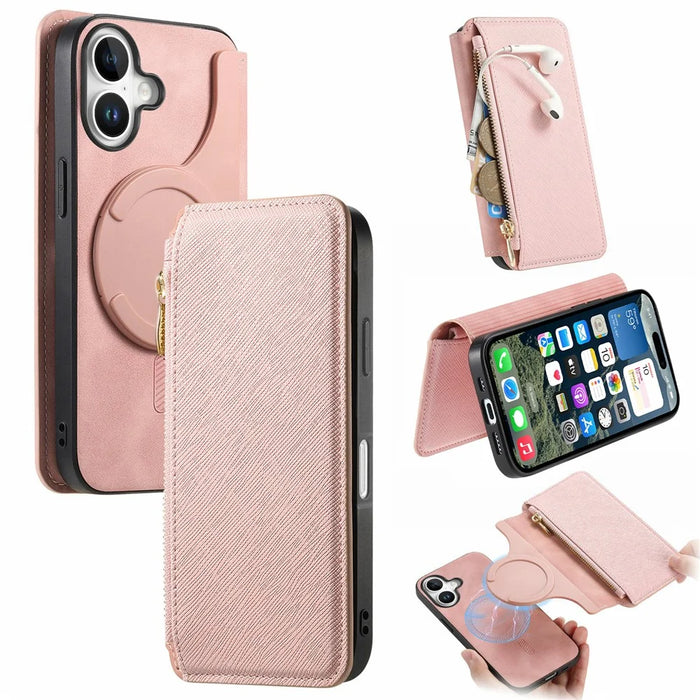 For iPhone 17 Leather Case Cross Texture Detachable Magnetic Phone Cover Wallet Stand - Pink - 1