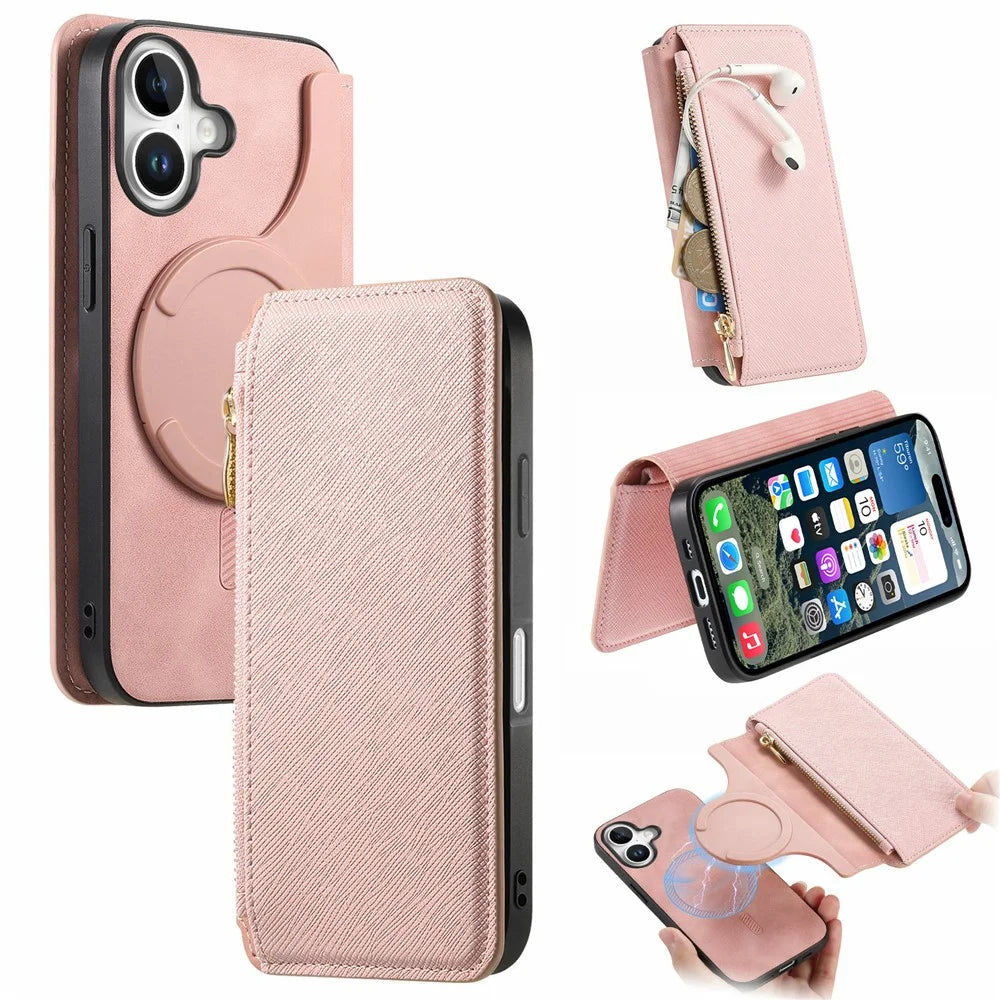 For iPhone 16 Leather Case Cross Texture Detachable Magnetic Phone Cover Wallet Stand - Pink - 1