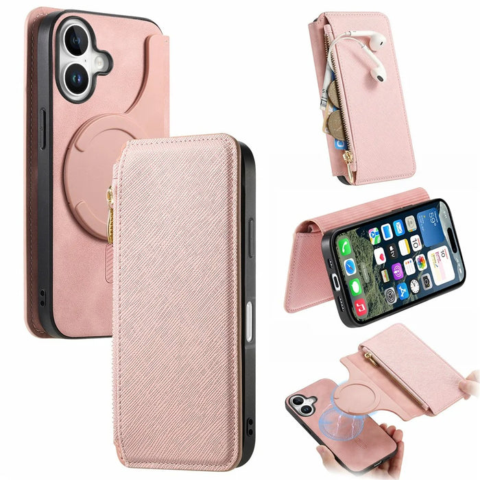 For iPhone 16 Leather Case Cross Texture Detachable Magnetic Phone Cover Wallet Stand - Pink - 1
