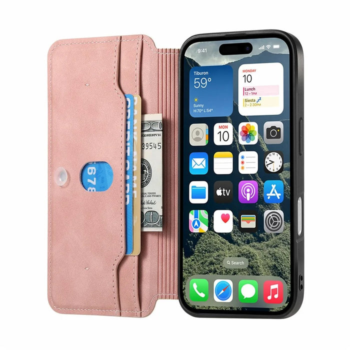 For iPhone 16 Leather Case Cross Texture Detachable Magnetic Phone Cover Wallet Stand - Pink - 2