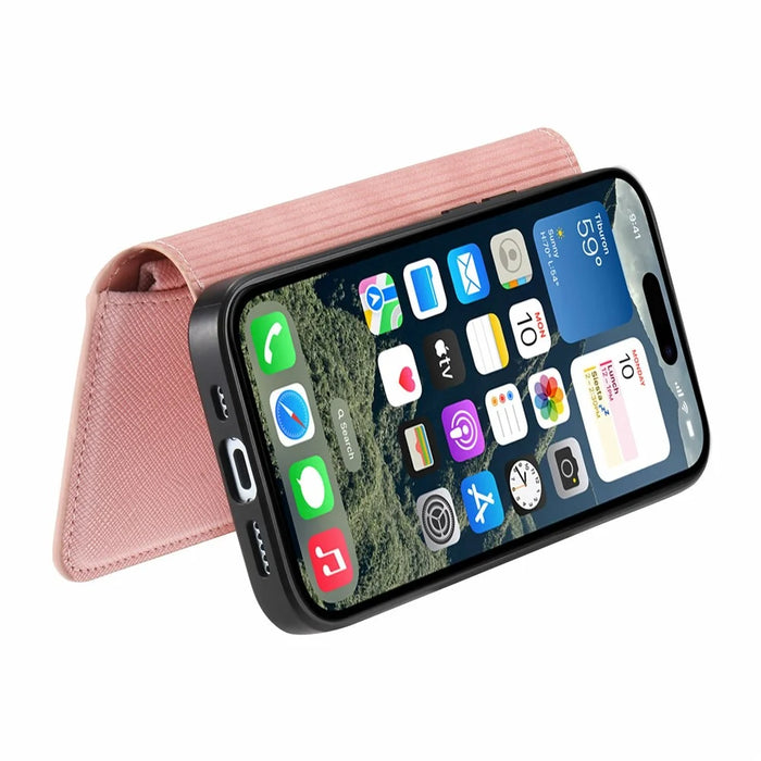 For iPhone 16 Leather Case Cross Texture Detachable Magnetic Phone Cover Wallet Stand - Pink - 3