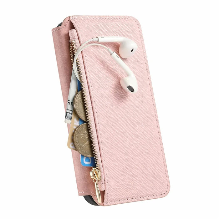 For iPhone 16 Leather Case Cross Texture Detachable Magnetic Phone Cover Wallet Stand - Pink - 5
