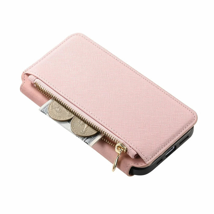 For iPhone 16 Leather Case Cross Texture Detachable Magnetic Phone Cover Wallet Stand - Pink - 6
