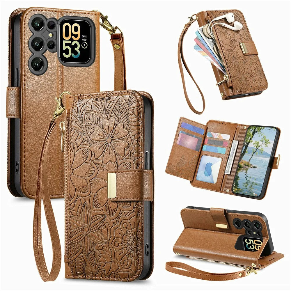 For Oukitel C62 Case Floral Leaf Pattern Multi Card Slots Zipper Leather Phone Cover with Wrist Strap - Brown - 1