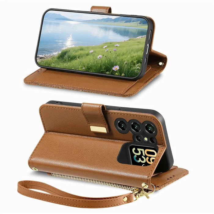 For Oukitel C62 Case Floral Leaf Pattern Multi Card Slots Zipper Leather Phone Cover with Wrist Strap - Brown - 4