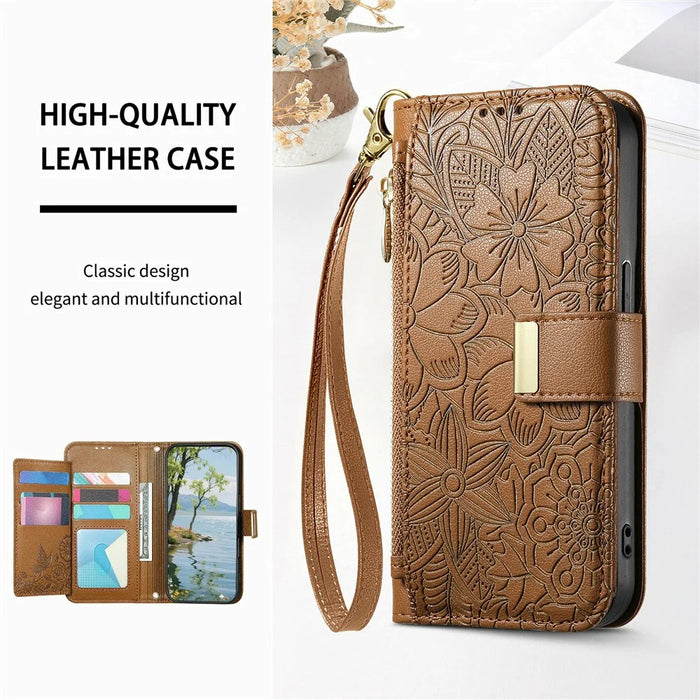 For Oukitel C62 Case Floral Leaf Pattern Multi Card Slots Zipper Leather Phone Cover with Wrist Strap - Brown - 5