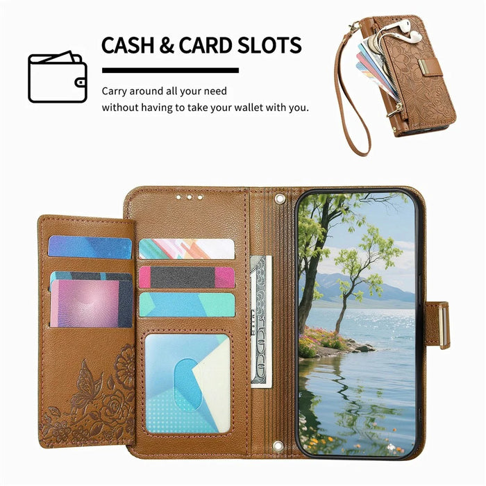 For Oukitel C62 Case Floral Leaf Pattern Multi Card Slots Zipper Leather Phone Cover with Wrist Strap - Brown - 6