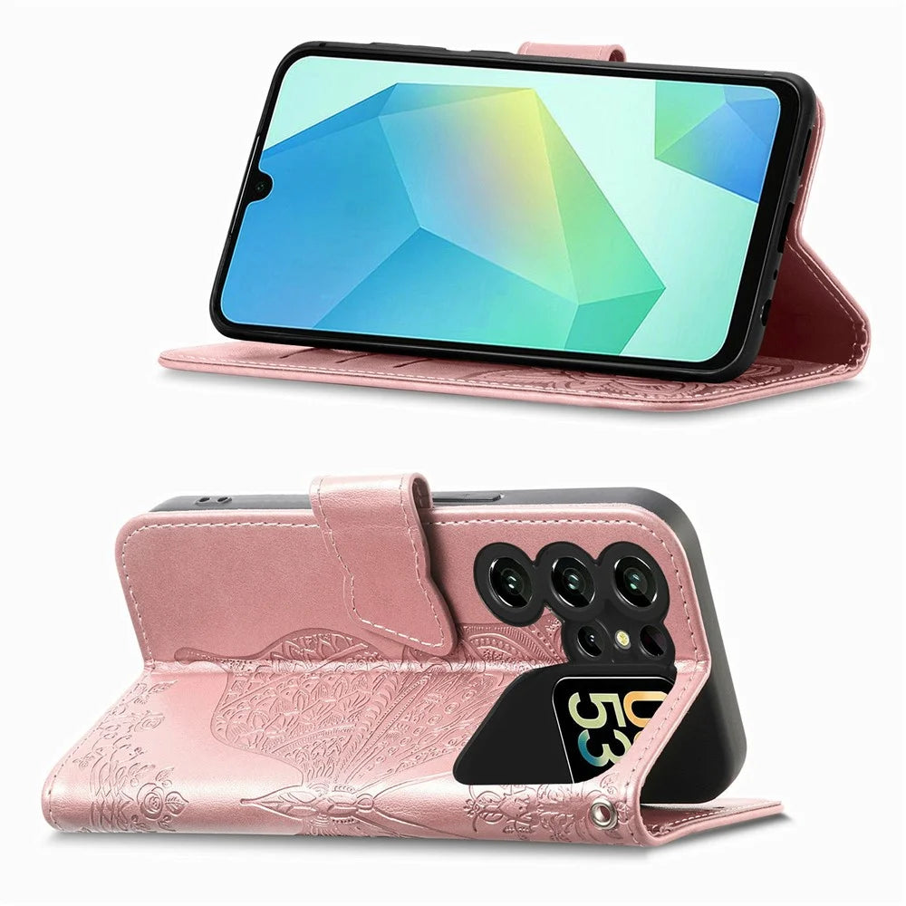 For Oukitel C62 Case with Strap Butterfly Pattern PU Leather Wallet Phone Cover - Rose Gold - 3