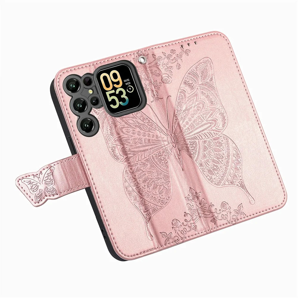 For Oukitel C62 Case with Strap Butterfly Pattern PU Leather Wallet Phone Cover - Rose Gold - 4