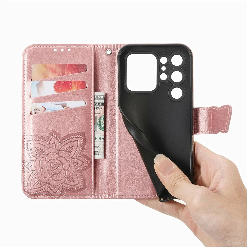 For Oukitel C62 Case with Strap Butterfly Pattern PU Leather Wallet Phone Cover - Rose Gold - 5