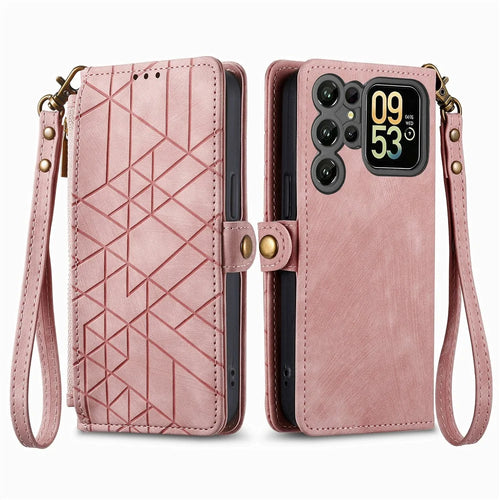 For Oukitel C62 Case Zipper Wallet Geometry Lines Leather Phone Cover with Strap - Pink - 1