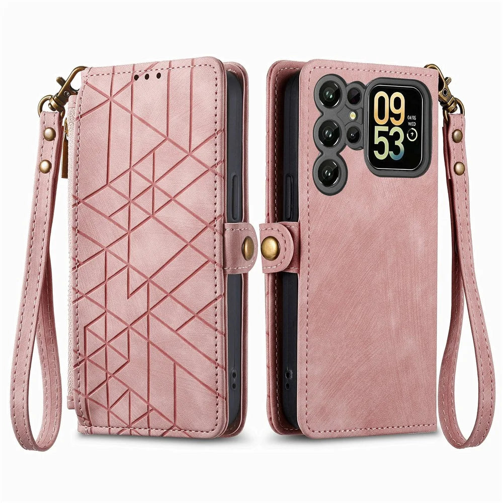 For Oukitel C62 Case Zipper Wallet Geometry Lines Leather Phone Cover with Strap - Pink - 1