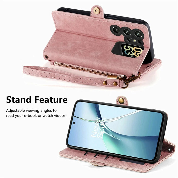 For Oukitel C62 Case Zipper Wallet Geometry Lines Leather Phone Cover with Strap - Pink - 3