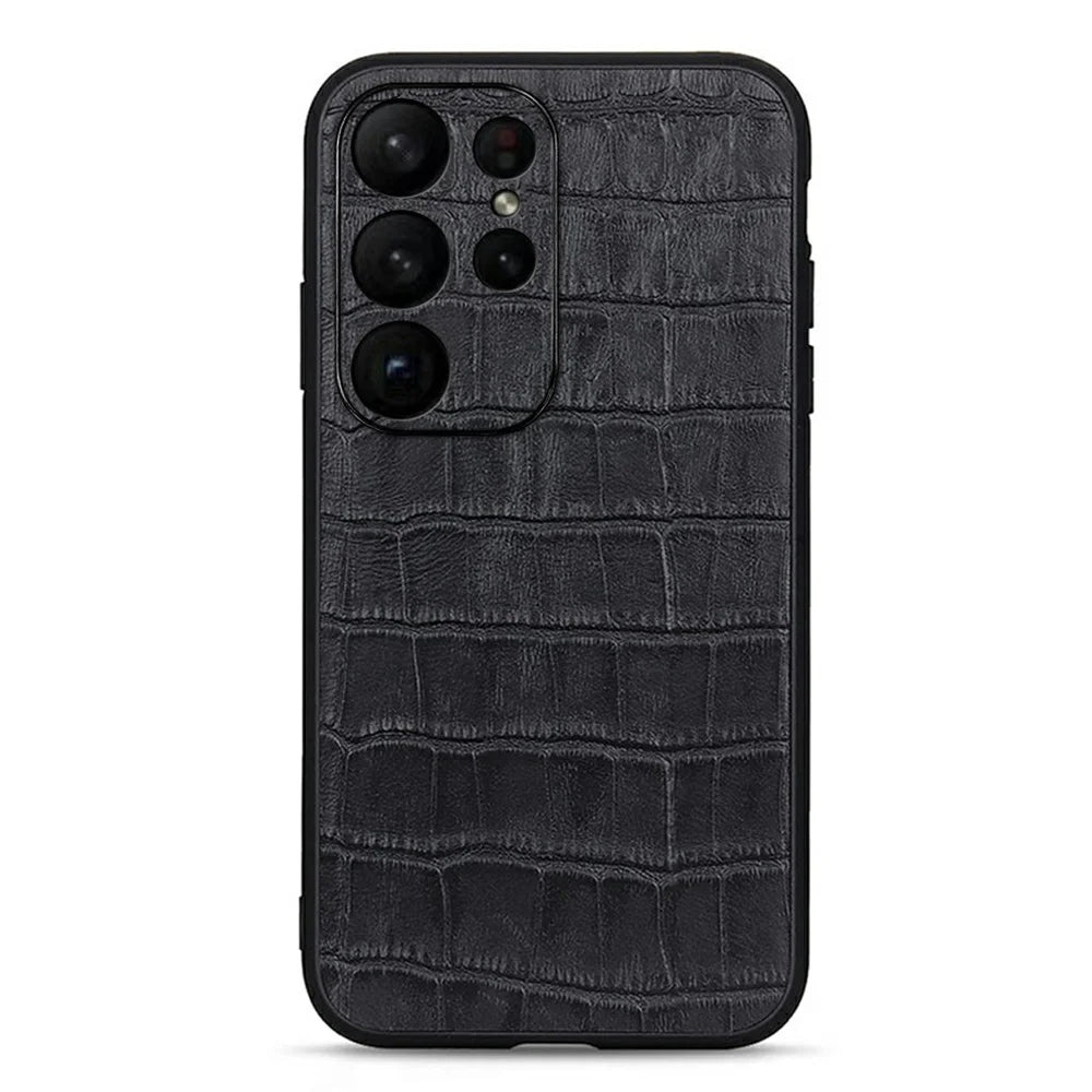 For Samsung Galaxy S23 Ultra Genuine Leather Crocodile Texture Phone Case Drop-proof Cell Phone Back Cover - Black - 1