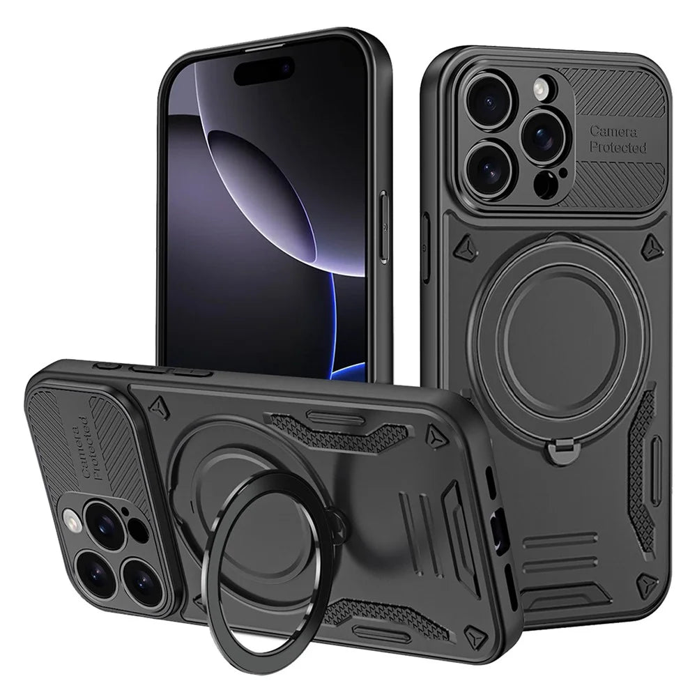 For iPhone 16 Pro Case Compatible with MagSafe Shockproof TPU + PC Phone Back Cover with Kickstand - Black - 1