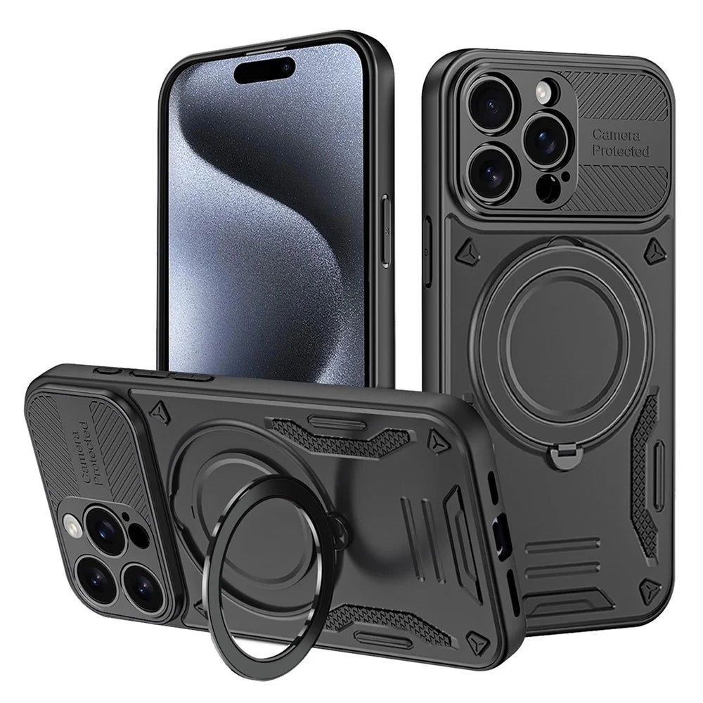 For iPhone 15 Pro Max Case Compatible with MagSafe Shockproof TPU + PC Phone Back Cover with Kickstand - Black - 1