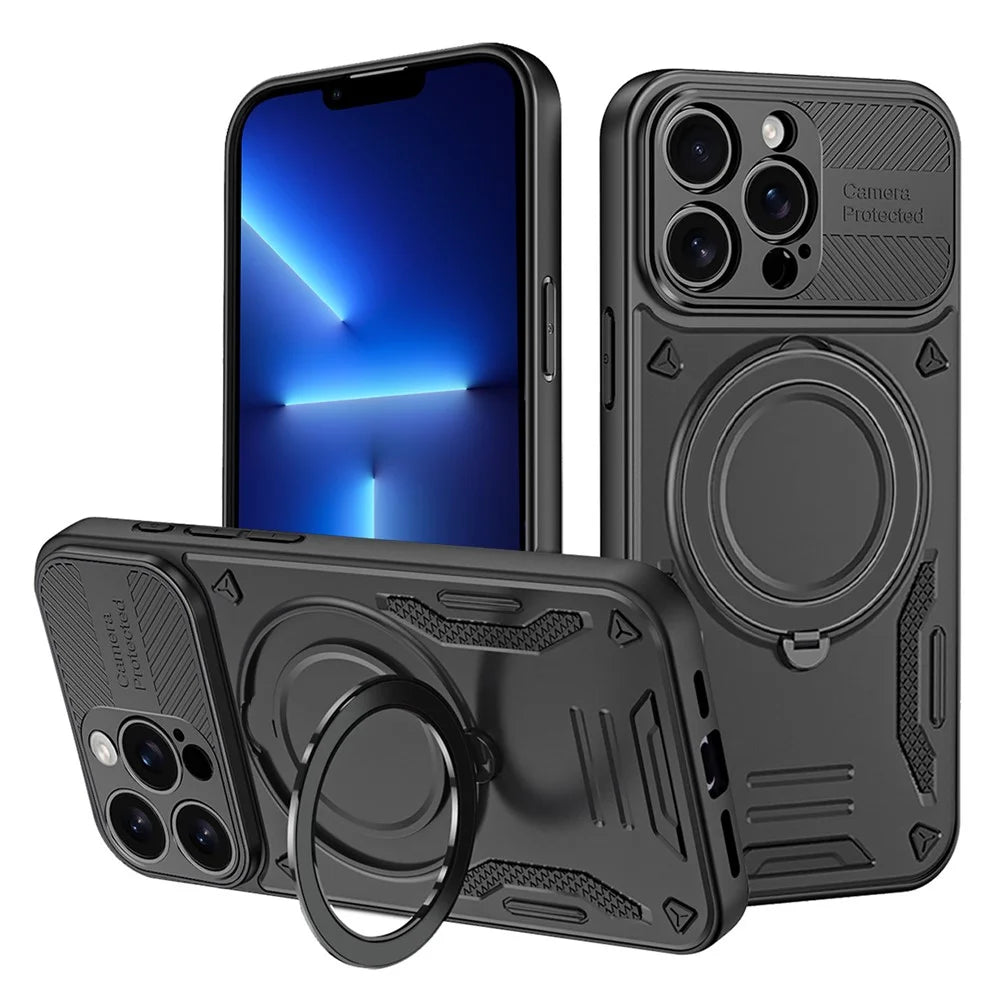 For iPhone 13 Pro Max Case Compatible with MagSafe Shockproof TPU + PC Phone Back Cover with Kickstand - Black - 1