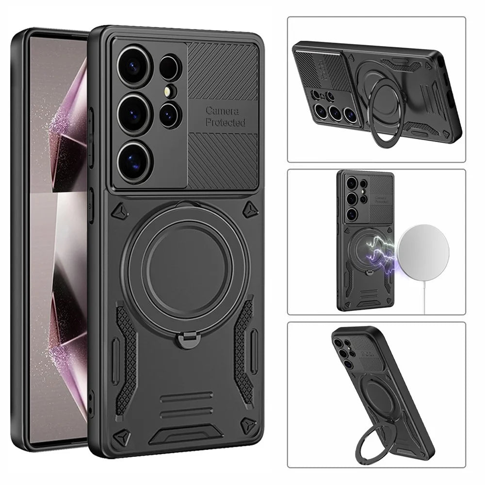 For Samsung Galaxy S24 Ultra Magnetic Case Shockproof TPU + PC Phone Back Cover with Kickstand - Black - 2