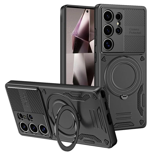For Samsung Galaxy S23 Ultra Magnetic Case Shockproof TPU + PC Phone Back Cover with Kickstand - Black - 1